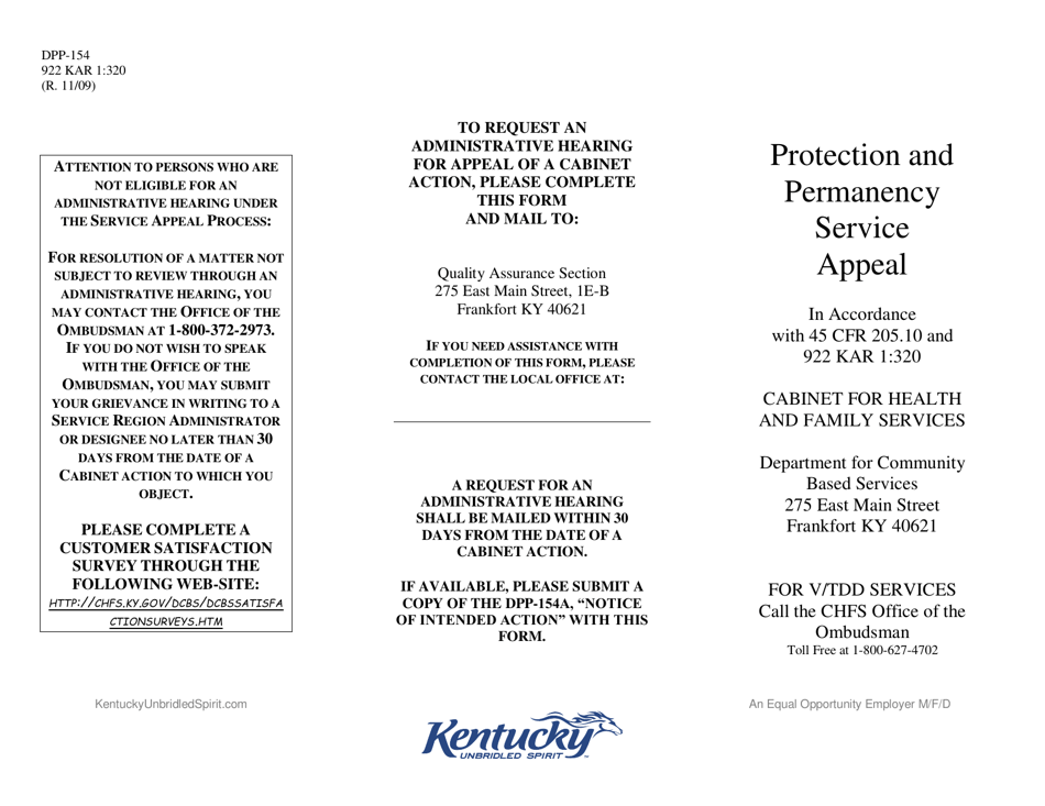 Form DPP-154 Protection and Permanency Service Appeal - Kentucky, Page 1
