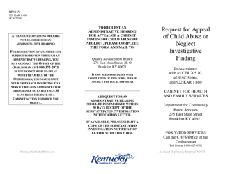 Form DPP-155 Request for Appeal of Child Abuse or Neglect Investigative Finding - Kentucky