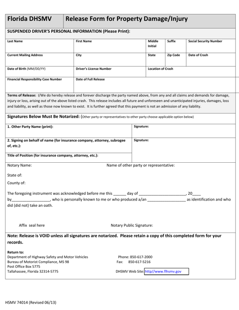 Form HSMV74014 Release Form for Property Damage/Injury - Florida