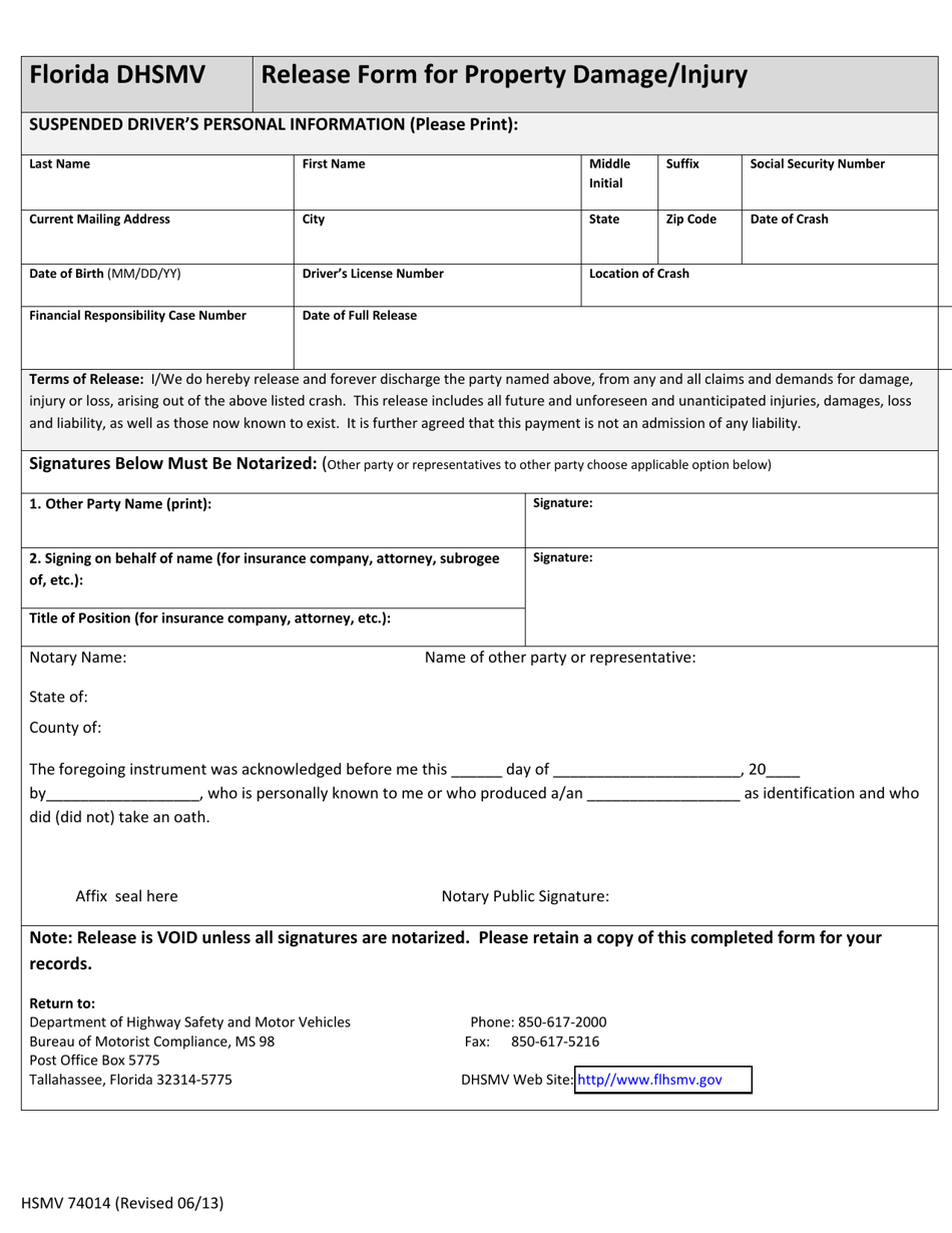 Form HSMV74014 Release Form for Property Damage / Injury - Florida, Page 1