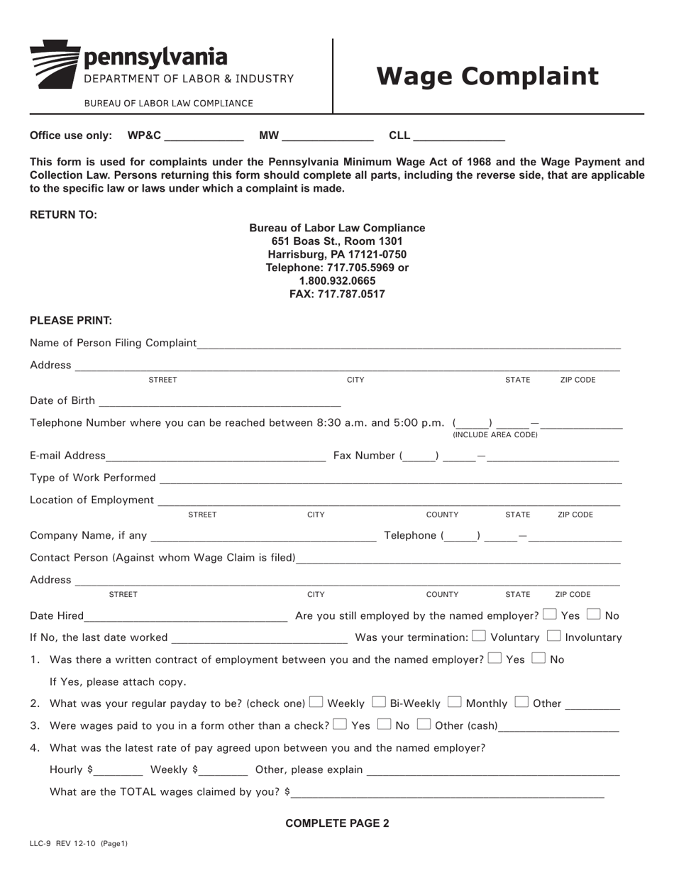 Form LLC-9 Wage Complaint - Pennsylvania, Page 1
