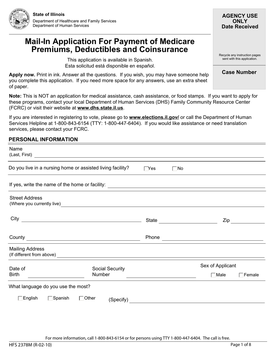 Form HFS2378M Mail-In Application for Payment of Medicare Premiums, Deductibles and Coinsurance - Illinois, Page 1