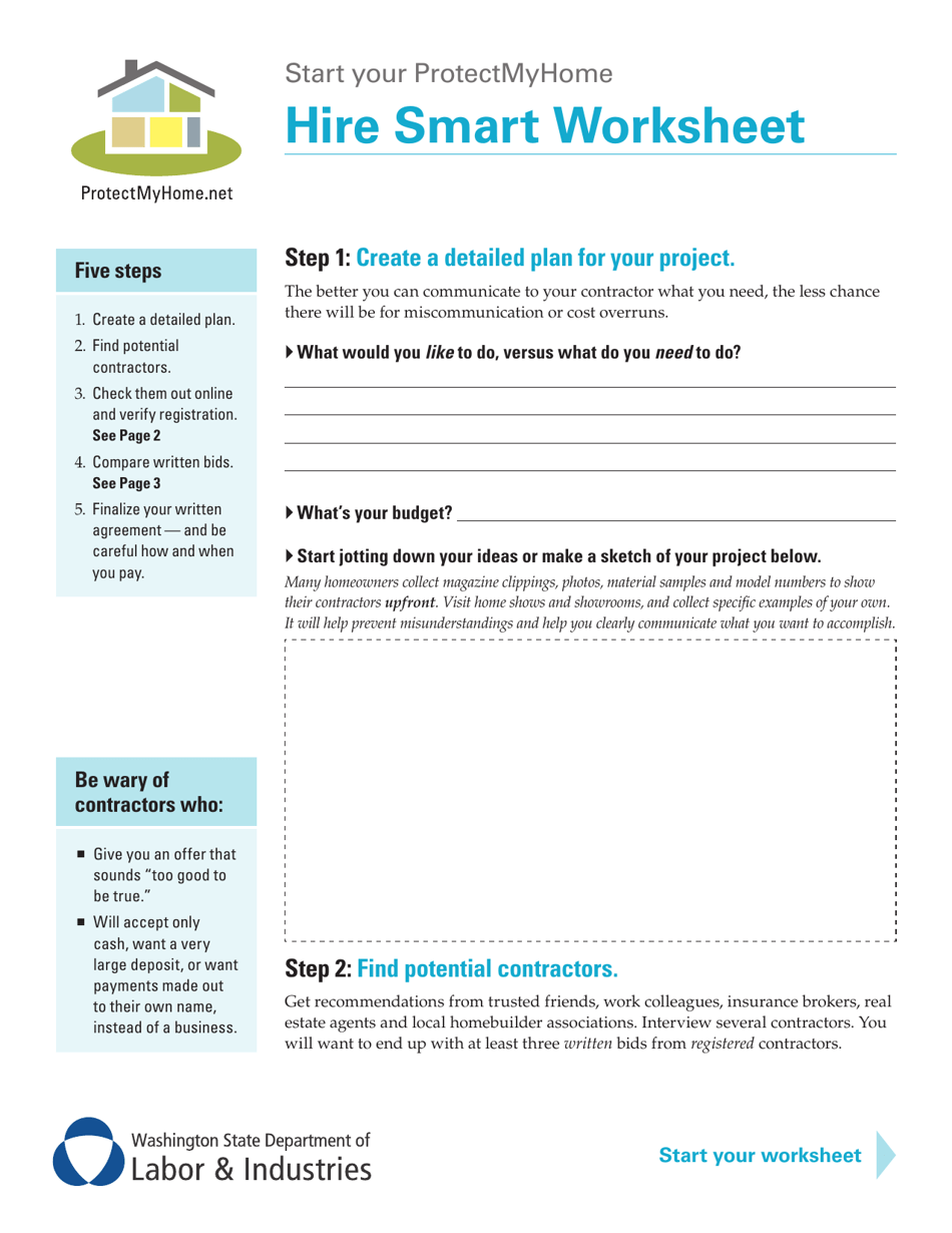 Form F625-111-000 Hire Smart Worksheet - Washington, Page 1