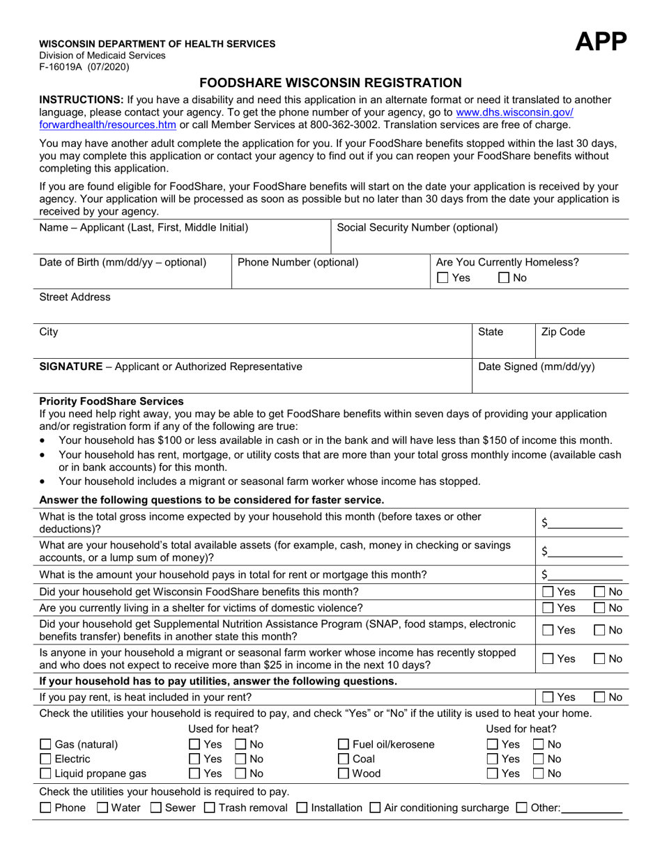 Form F-16019A Foodshare Wisconsin Registration - Wisconsin, Page 1