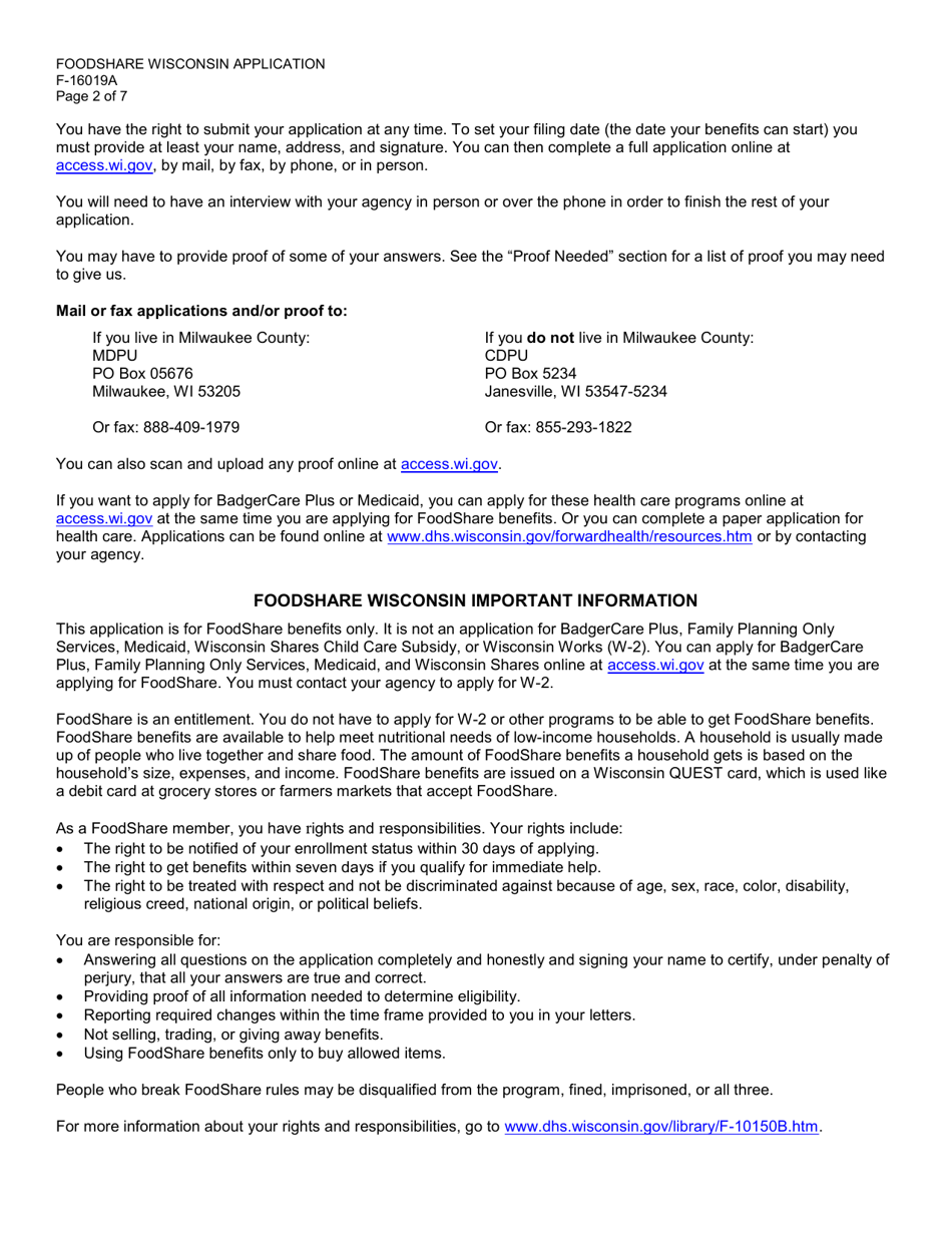 Form F-16019A Foodshare Wisconsin Registration - Wisconsin, Page 2