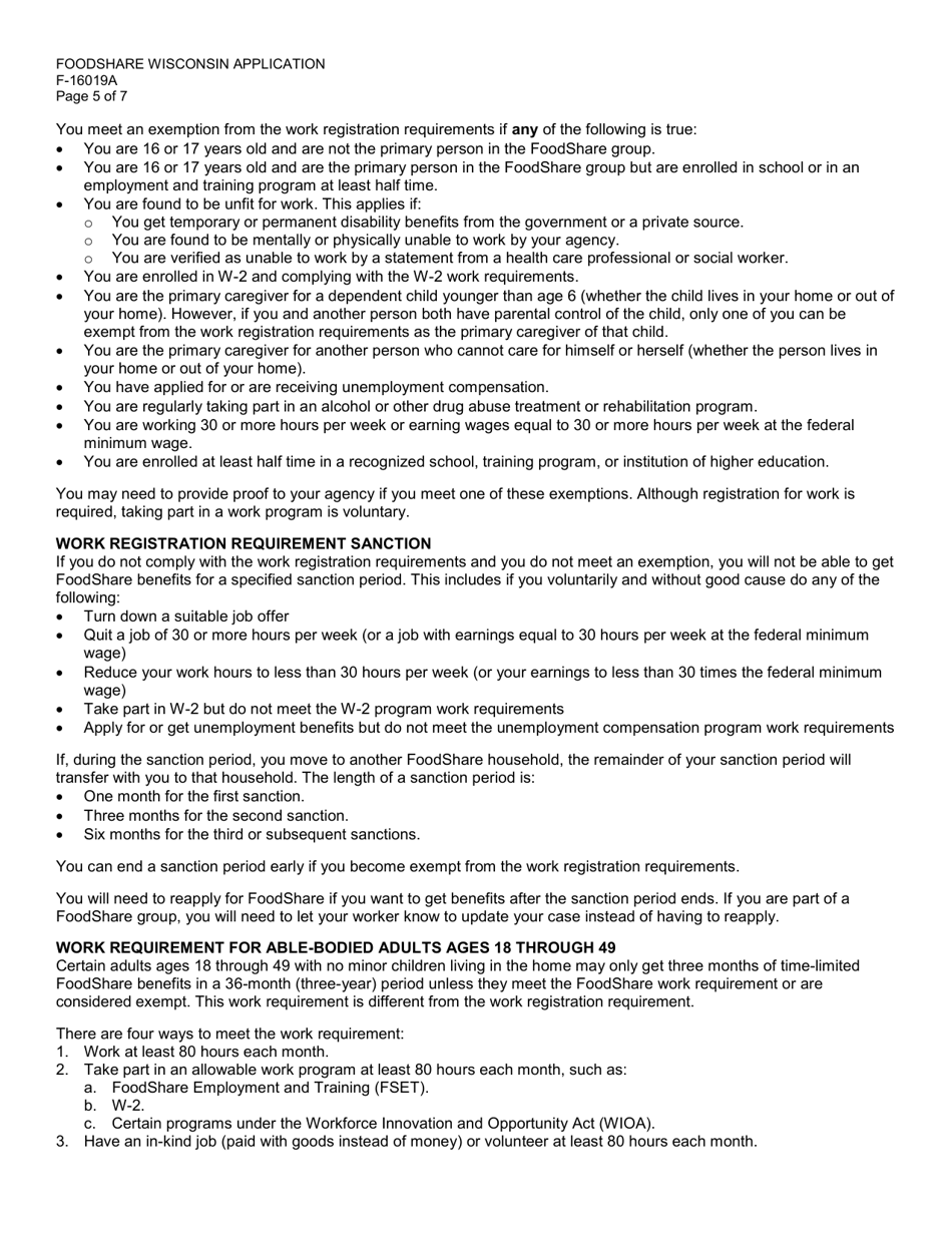 Form F-16019A Foodshare Wisconsin Registration - Wisconsin, Page 5