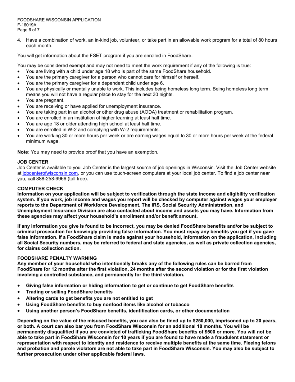 Form F-16019A Foodshare Wisconsin Registration - Wisconsin, Page 6