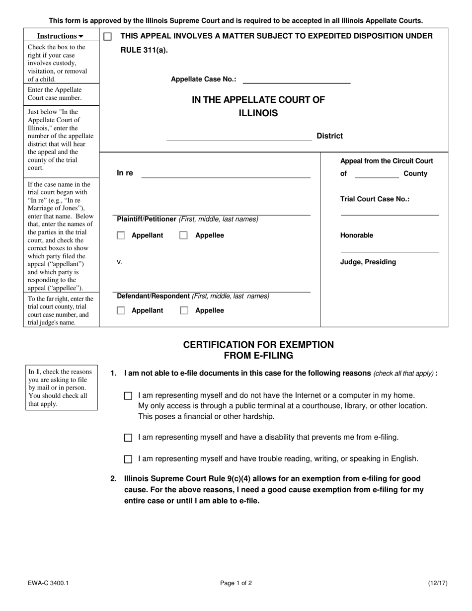 Form EWA-C3400.1 Certification for Exemption From E-Filing - Illinois, Page 1