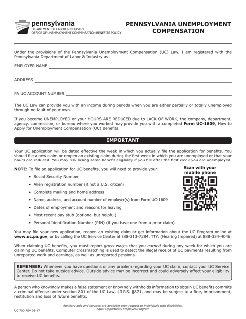 Form UC-700 Pennsylvania Unemployment Compensation - Pennsylvania