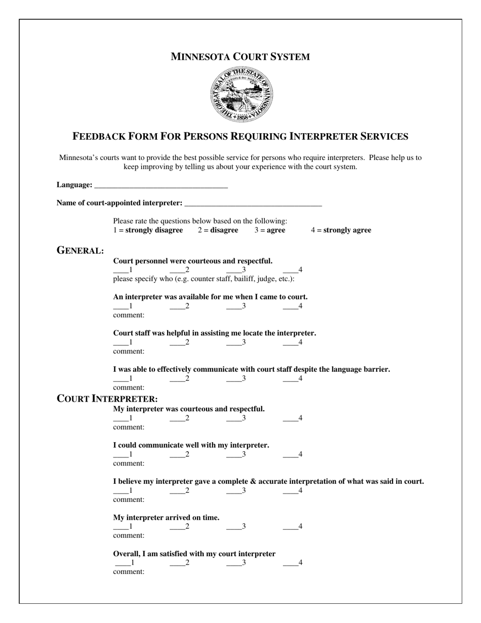 Feedback Form for Persons Requiring Interpreter Services - Minnesota, Page 1