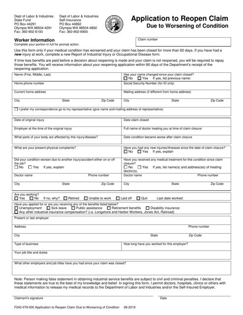 Form F242-079-000 Application to Reopen Claim Due to Worsening of Condition - Washington