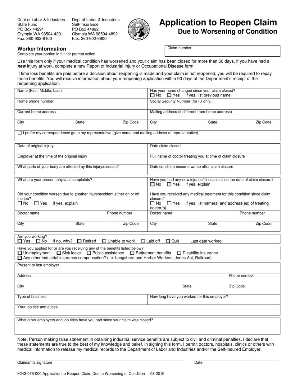 Form F242-079-000 Application to Reopen Claim Due to Worsening of Condition - Washington, Page 1