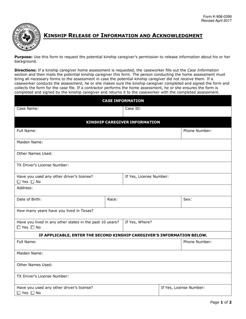 Form K-908-0399 Kinship Release of Information and Acknowledgment - Kentucky