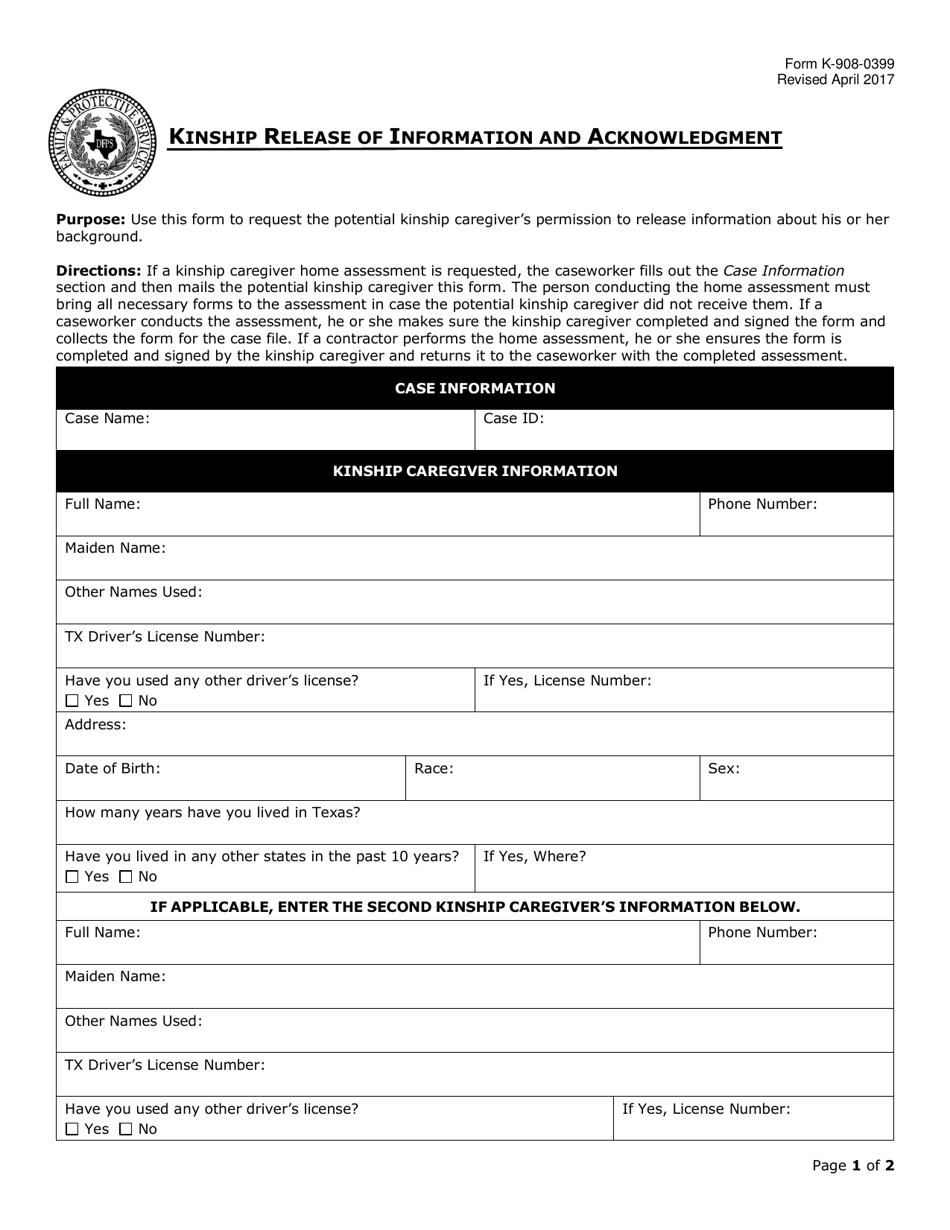 Form K-908-0399 Kinship Release of Information and Acknowledgment - Kentucky, Page 1