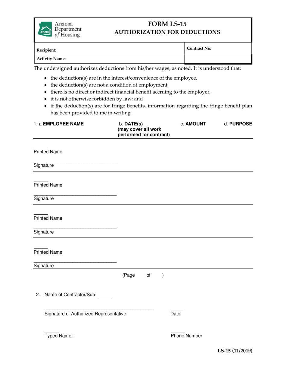 Form LS-15 Authorization for Deductions - Arizona, Page 1