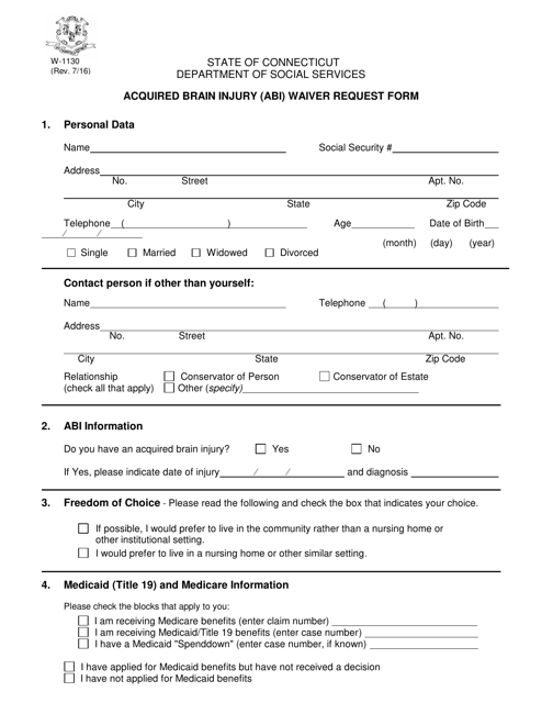 Form W-1130 Acquired Brain Injury (Abi) Waiver Request Form - Connecticut