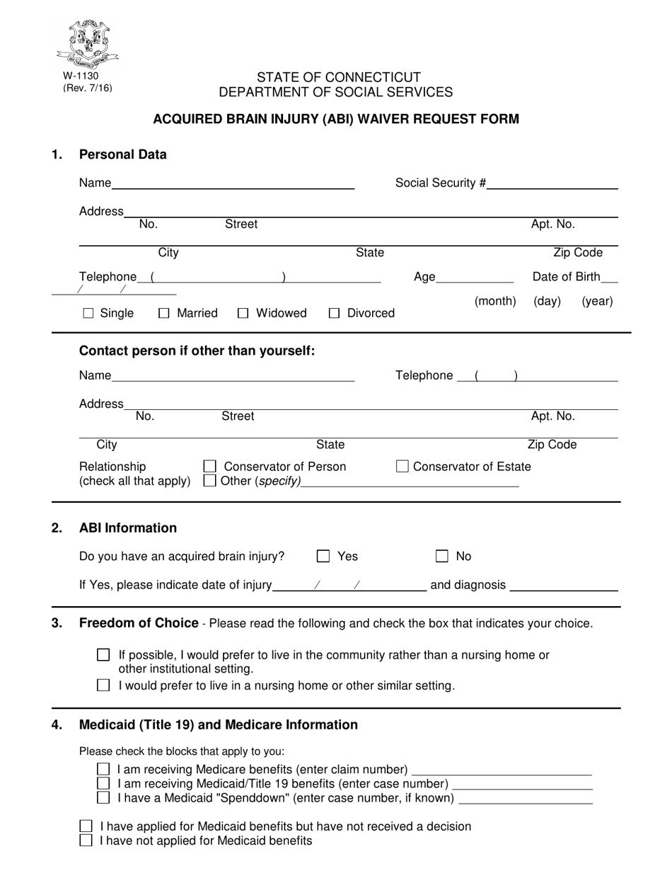 Form W-1130 Acquired Brain Injury (Abi) Waiver Request Form - Connecticut, Page 1
