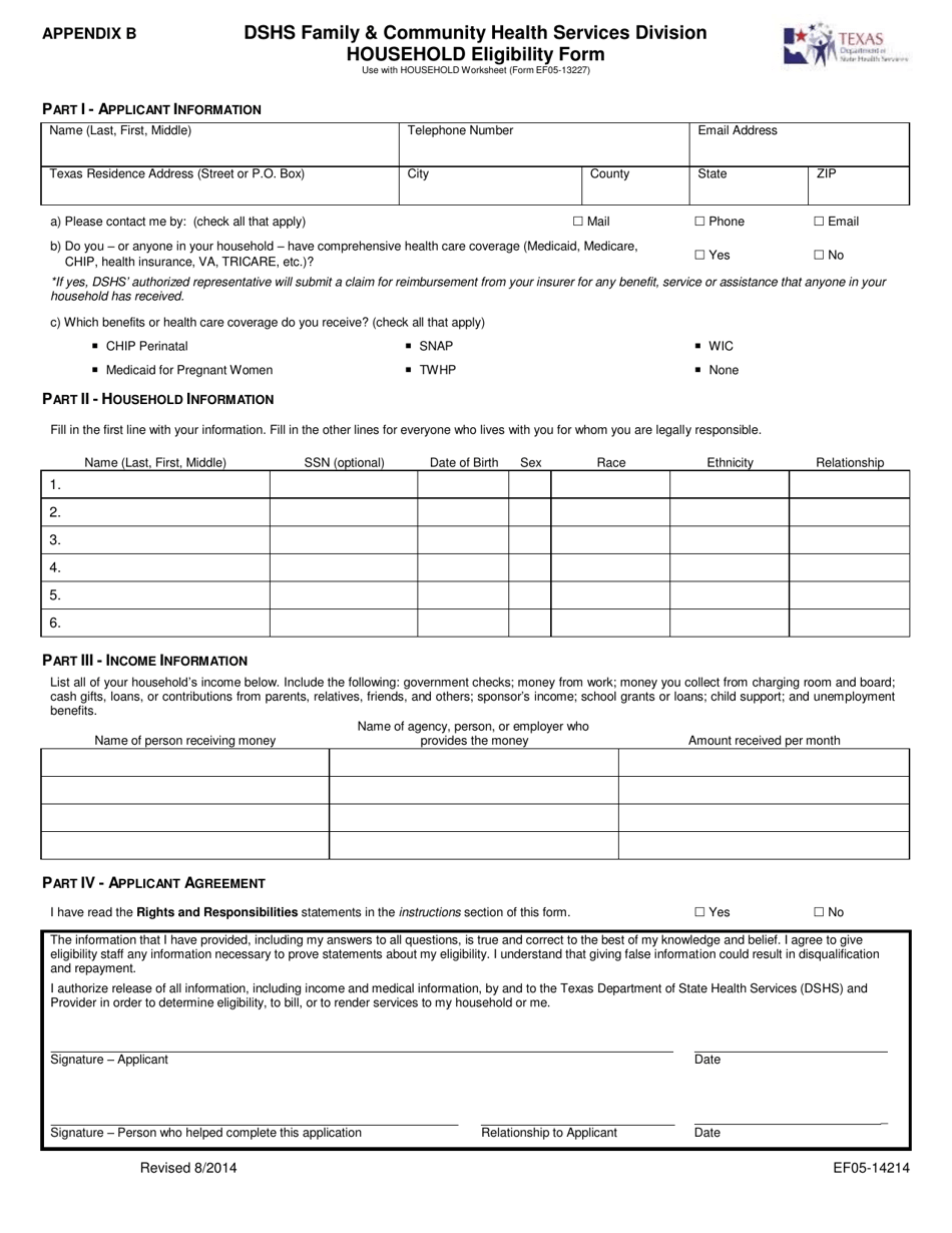 Form EF05-14214 Appendix B Household Eligibility Form - Texas, Page 1