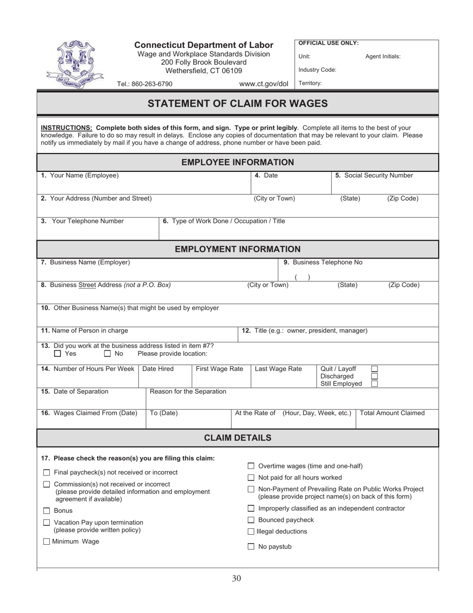 Form WCA-1 Statement of Claim for Wages - Connecticut, Page 1