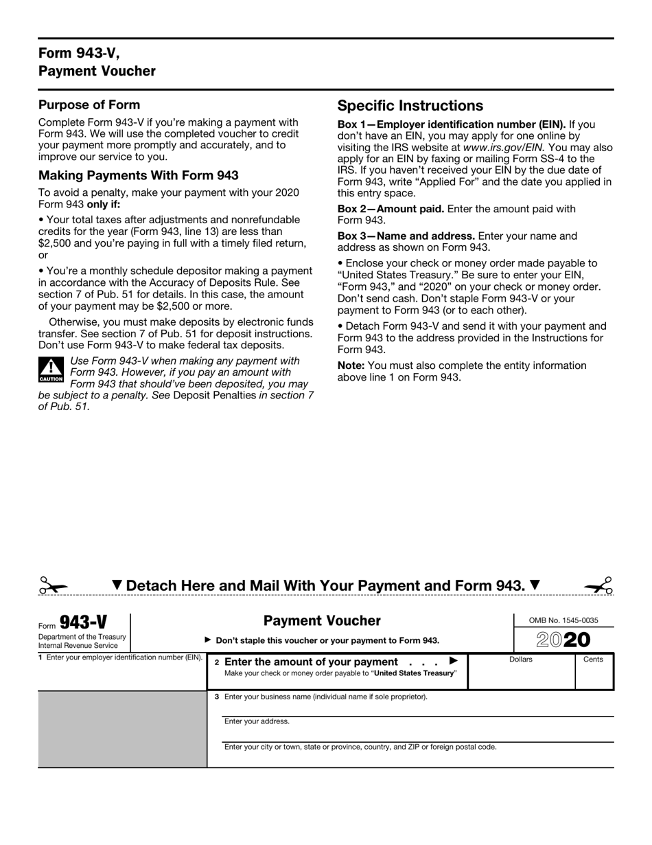 IRS Form 943V 2020 Fill Out, Sign Online and Download Fillable PDF