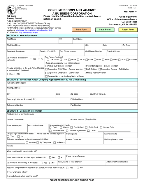 Form PIU2 Consumer Complaint Against a Business/Corporation - California