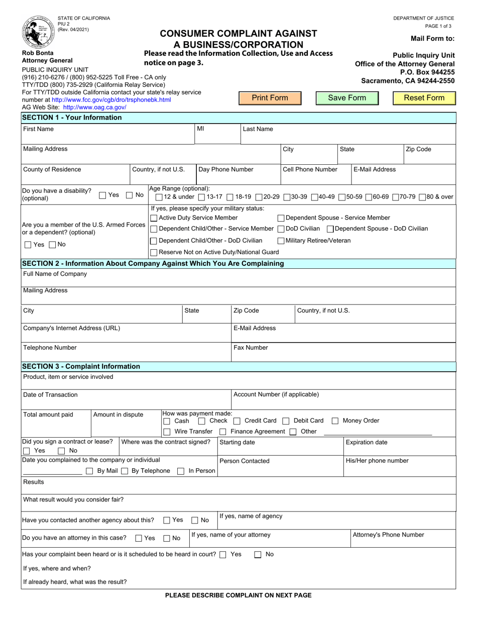 Form PIU2 Consumer Complaint Against a Business / Corporation - California, Page 1