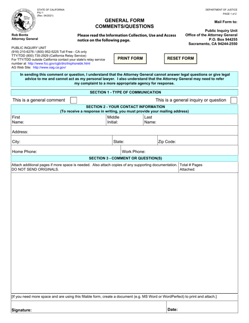 Form PIU1 - Fill Out, Sign Online and Download Fillable PDF, California ...