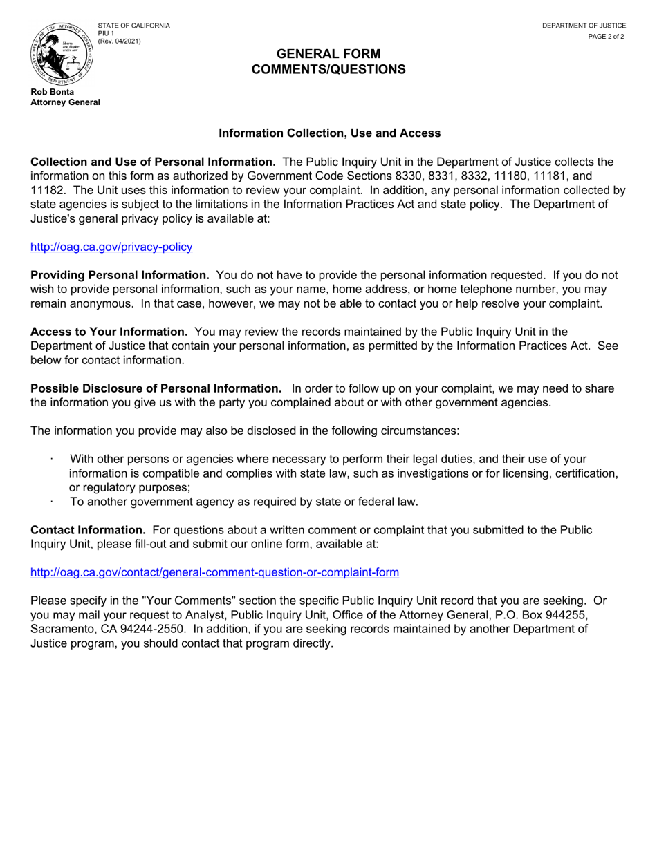Form PIU1 General Form Comments / Questions - California, Page 2