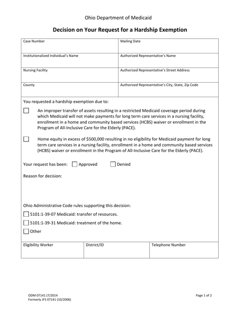 Form ODM07141 Decision on Your Request for a Hardship Exemption - Ohio
