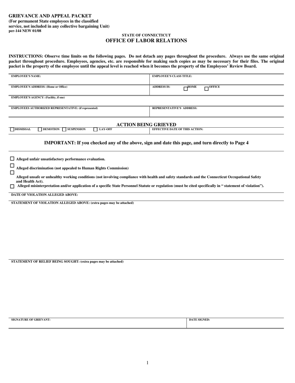 Form PER-144 Grievance and Appeal Packet - Connecticut, Page 1