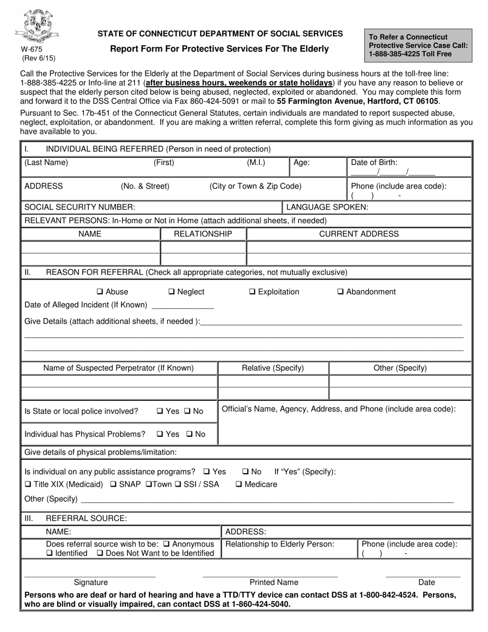 Form W-675 Report Form for Protective Services for the Elderly - Connecticut, Page 1