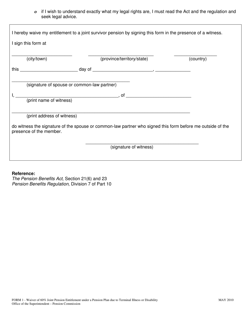 Form 1 Waiver of 60% Joint Pension Entitlement Under a Pension Plan Due to Terminal Illness or Disability - Manitoba, Canada, Page 3