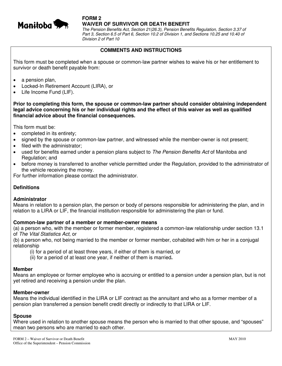 Form 2 Waiver of Survivor or Death Benefit - Manitoba, Canada, Page 1