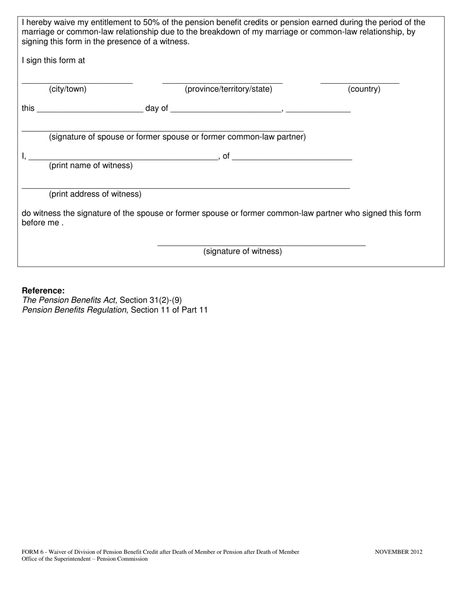 Form 6 Waiver of Division of Pension Benefit Credit After Death of Member or Pension After Death of Member - Manitoba, Canada, Page 3
