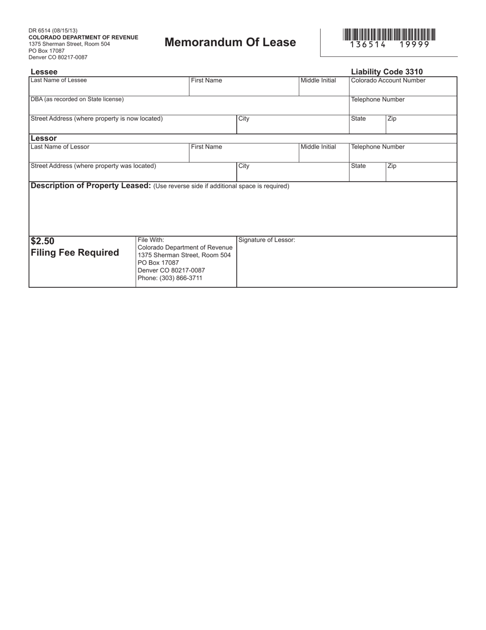 Form DR6514 Memorandum of Lease - Colorado, Page 1
