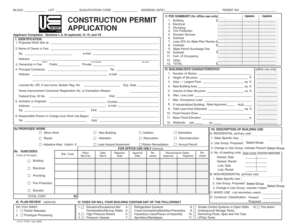 UCC Form F100-1 Construction Permit Application - New Jersey, Page 1