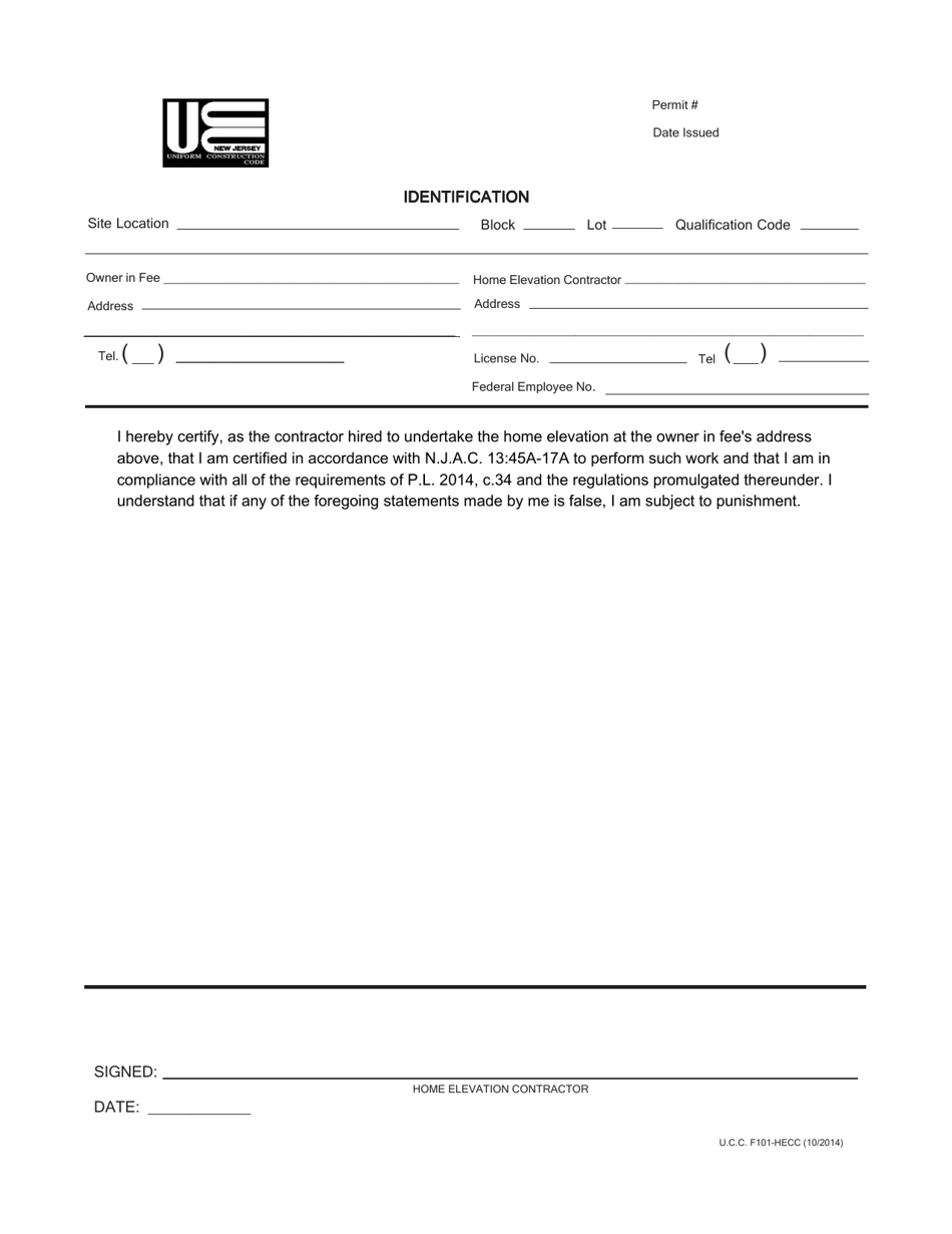 UCC Form F101-HECC Home Elevation Contractor Certification - New Jersey, Page 1