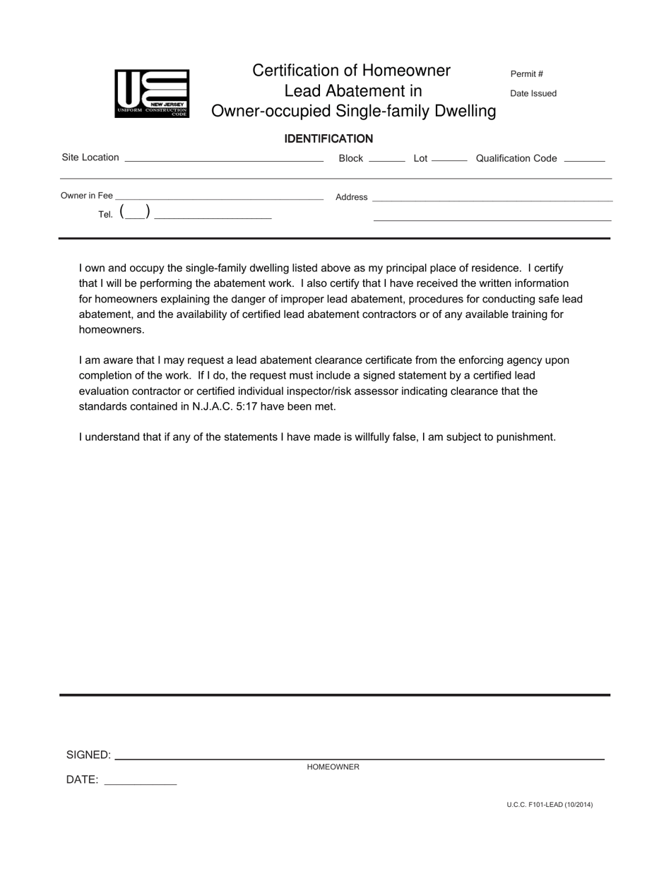 UCC Form F101-LEAD Certification of Homeowner Lead Abatement in Owner-Occupied Single-Family Dwelling - New Jersey, Page 1