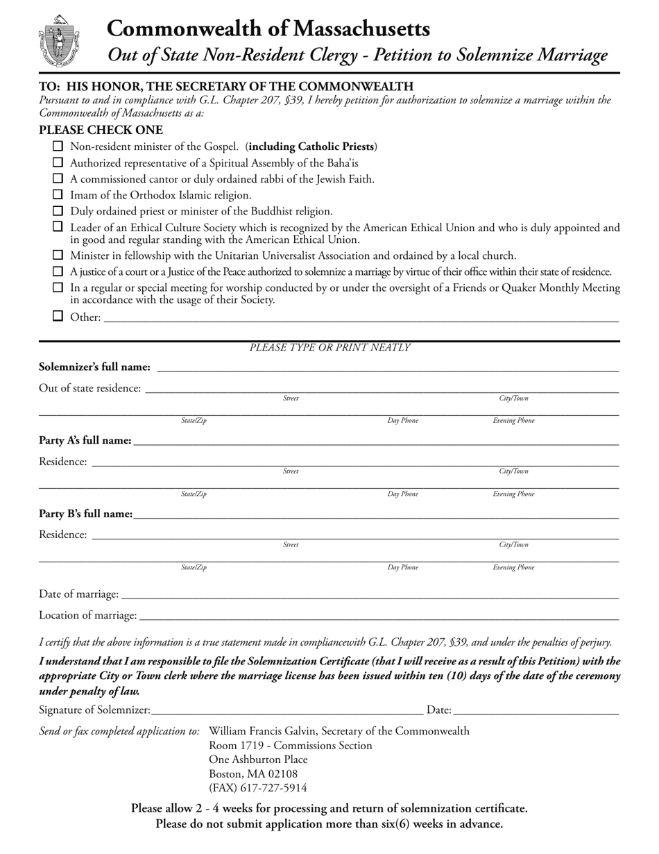Out of State Non-resident Clergy - Petition to Solemnize Marriage - Massachusetts, Page 2
