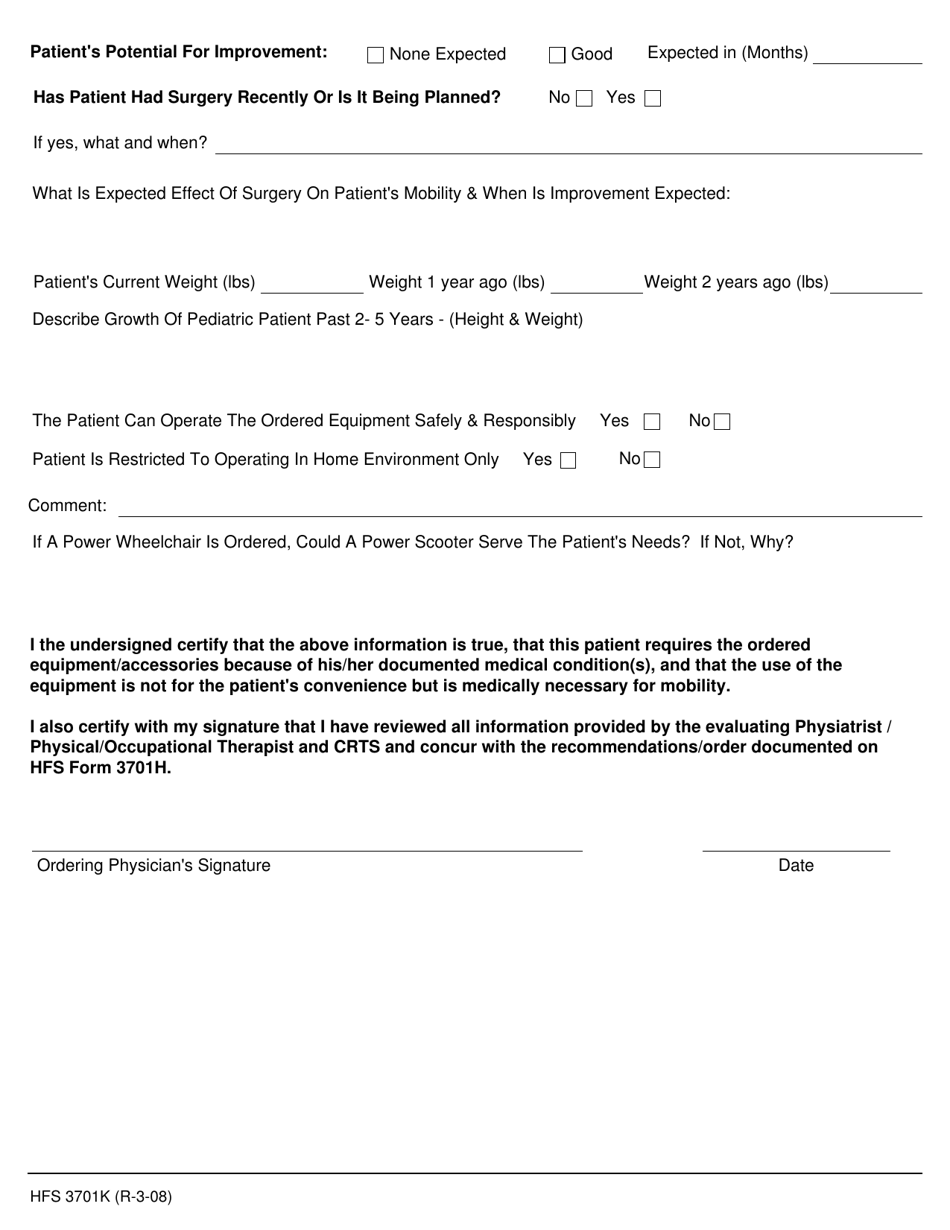 Form HFS3701K Power Mobility Devices and Custom Manual Wheelchairs Physicians Form - Illinois, Page 2