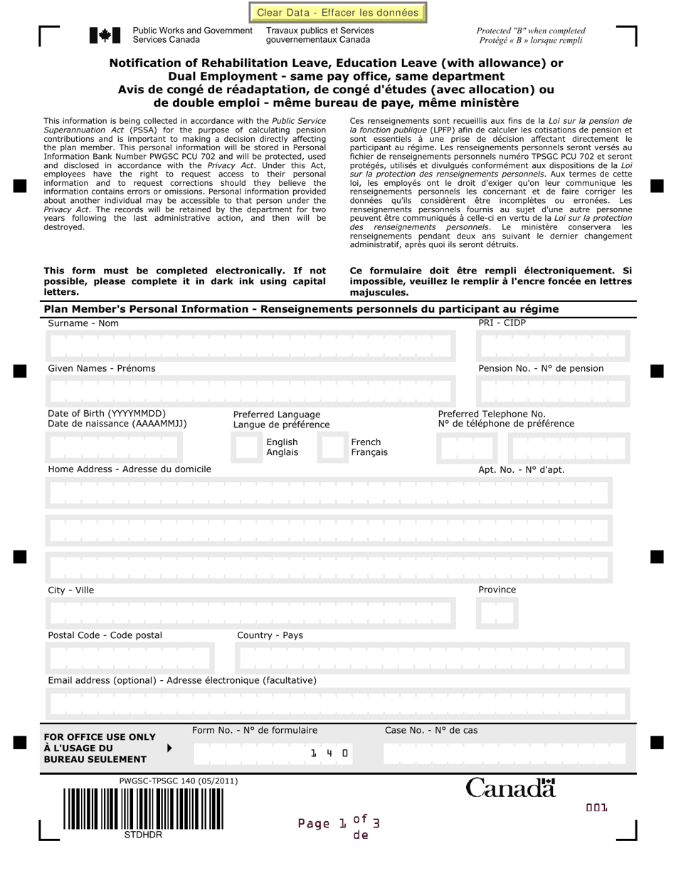 Form PWGSC-TPSGC140 Notification of Rehabilitation Leave, Education Leave (With Allowance) or Dual Employment - Same Pay Office, Same Department - Canada (English / French), Page 1