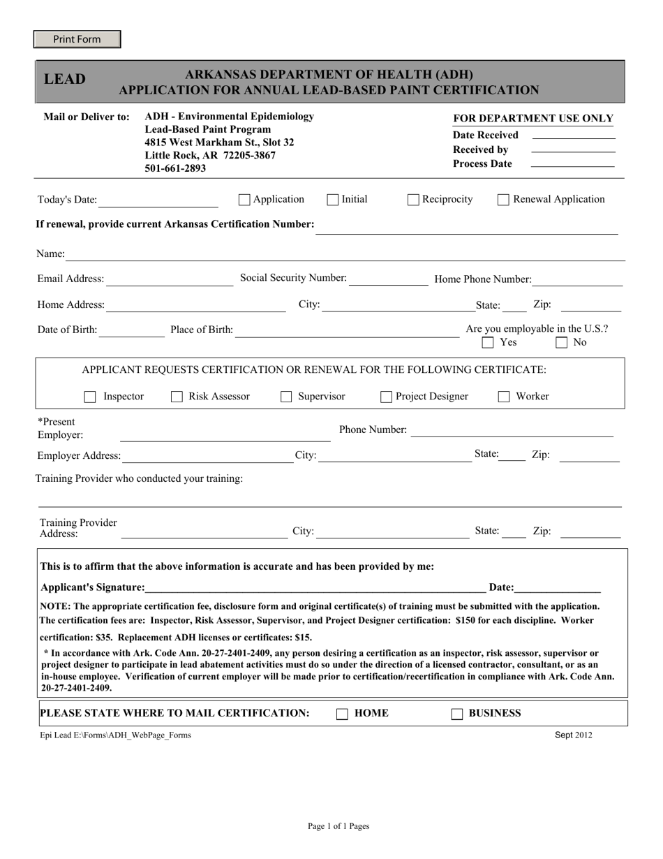 Application for Annual Lead-Based Paint Certification - Arkansas, Page 1
