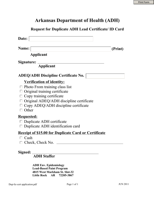 Request for Duplicate Adh Lead Certificate / Id Card - Arkansas Download Pdf
