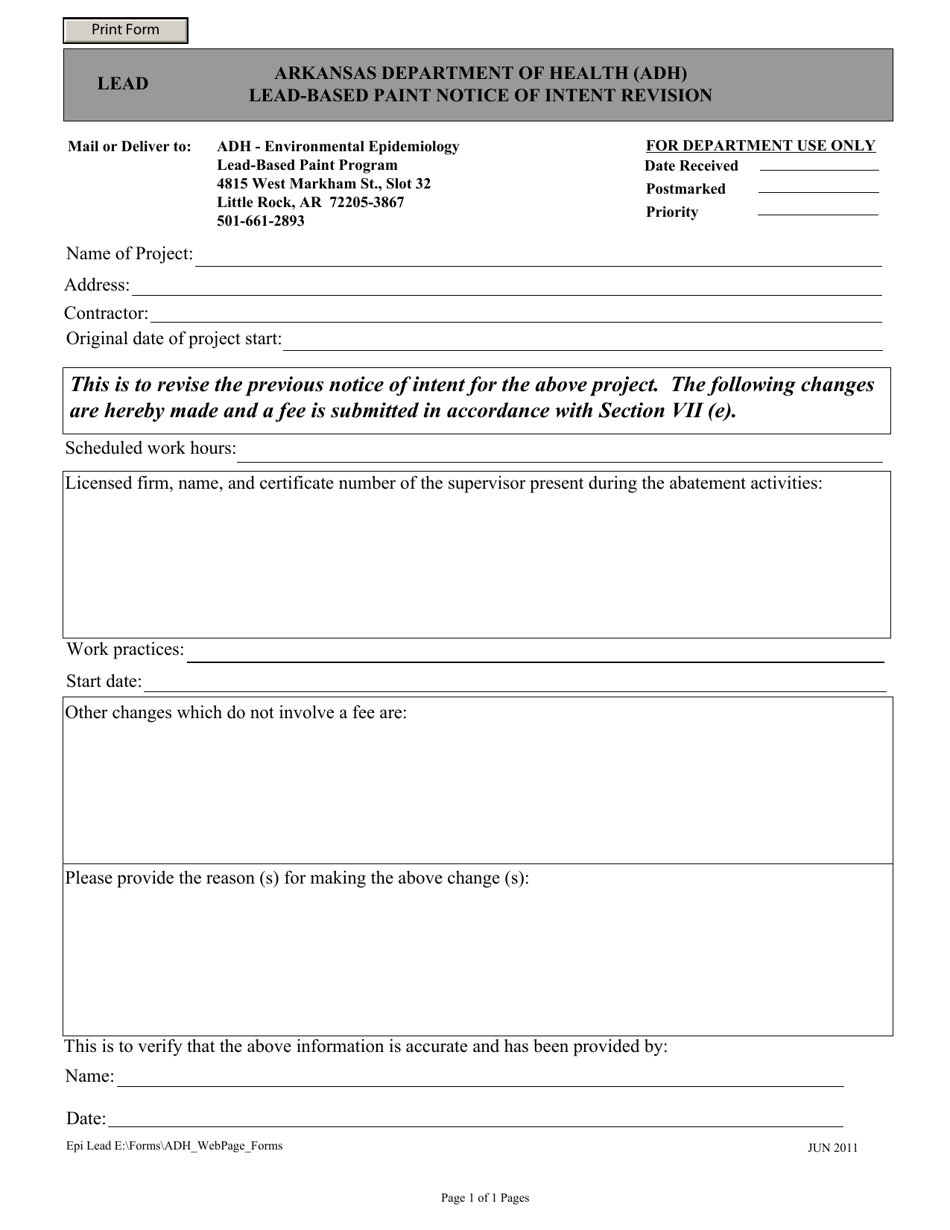 Arkansas LeadBased Paint Notice of Intent Revision Fill Out, Sign Online and Download PDF
