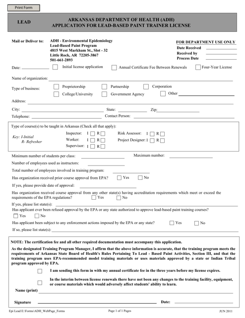 Application for Lead-Based Paint Trainer License - Arkansas
