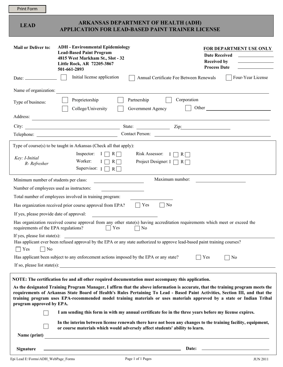 Application for Lead-Based Paint Trainer License - Arkansas, Page 1