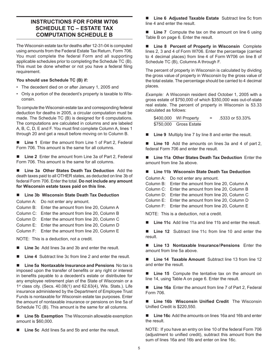 Instructions for Form W706 Schedule TC, TC(A), TC(B) - Wisconsin, Page 5