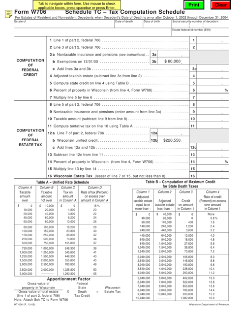 Form W706 (HT-006) Schedule TC Tax Computation Schedule for Deaths on or After October 1, 2002 Through December 31, 2004 - Wisconsin
