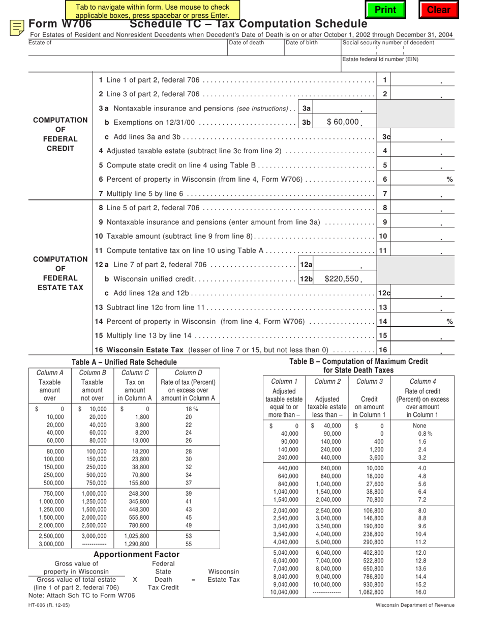Form W706 (HT-006) Schedule TC Tax Computation Schedule for Deaths on or After October 1, 2002 Through December 31, 2004 - Wisconsin, Page 1