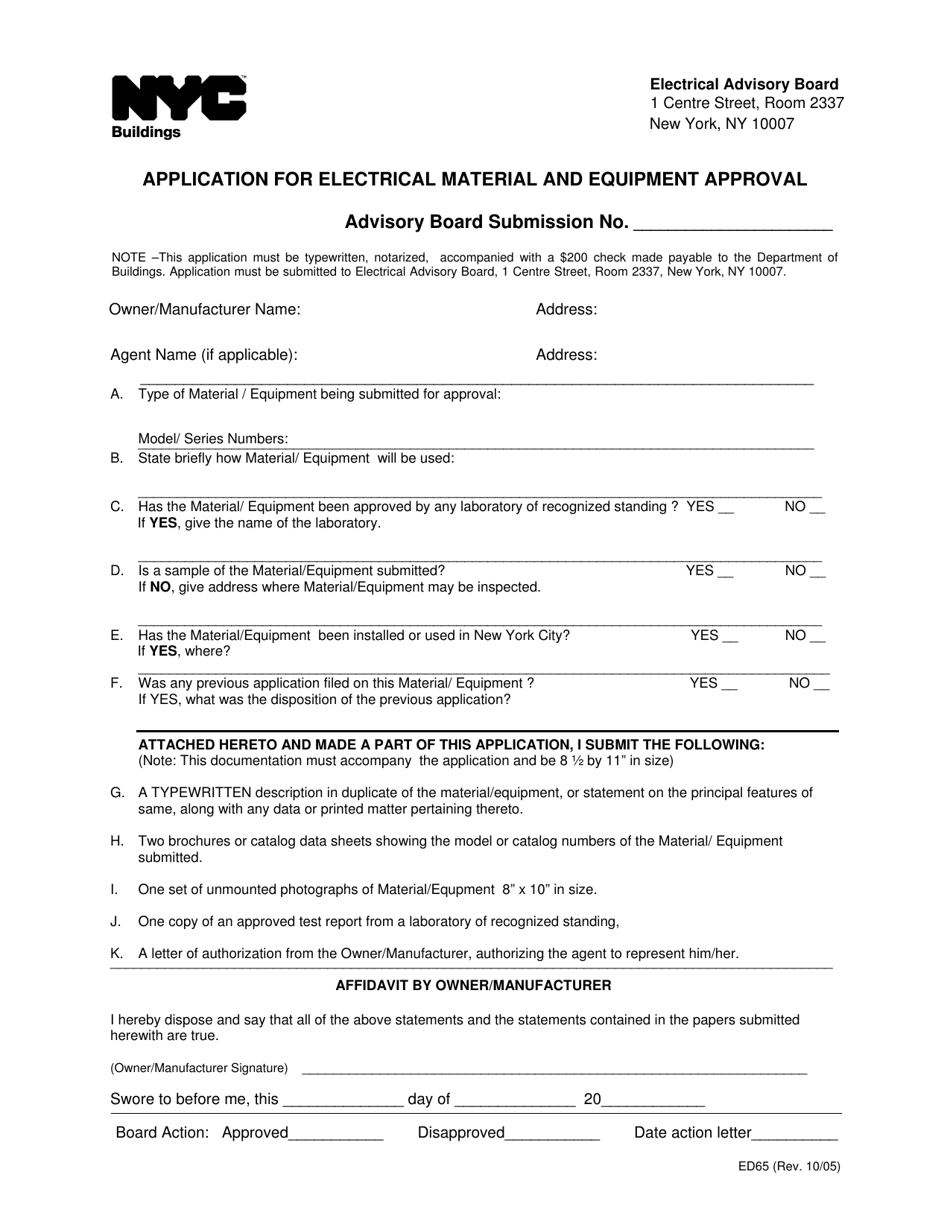Form ED65 Application for Electrical Material and Equipment Approval - New York City, Page 1